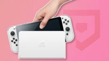 Custom image for Nintendo Switch 2 hardware leak news with a hand picking up an OLED Switch from its dock on a pink background