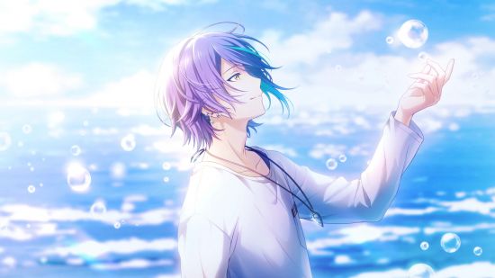 Project Sekai events: Rui's side profile as he stands in front of the sea holding up a bubble and smiling