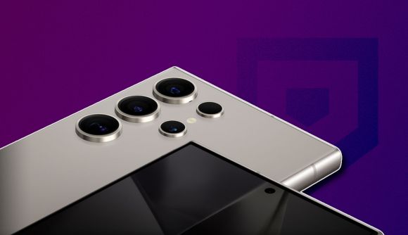 Samsung Galaxy S25 camera rumor: A beauty shot of the S24 ultra's rear camera layout outlined in white and pasted on a dark purple background