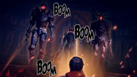 Solo-Leveling Arise-Rezension: Ein erschreckender Screenshot der Götterstatuen, die sich Jinwoo nähern, mit einem Comic-Text mit der Aufschrift „Boom“.