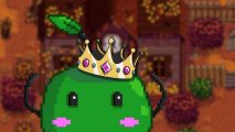 Stardew Valley junimo creature wearing a crown against the community center background