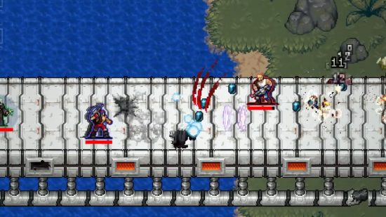 Screenshot for Vampire Survivors: Operation Guns DLC with two Contra characters on a bridge