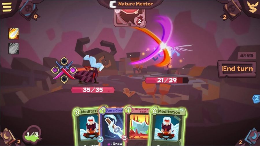 Two cartoon figures battle each other with an array of cards on the bottom of the screen