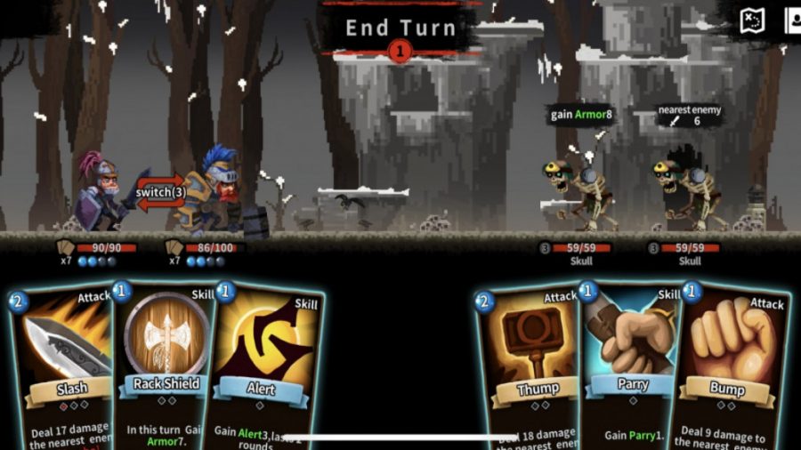A side-scrolling battle between two heroes and two monsters with a selection of cards