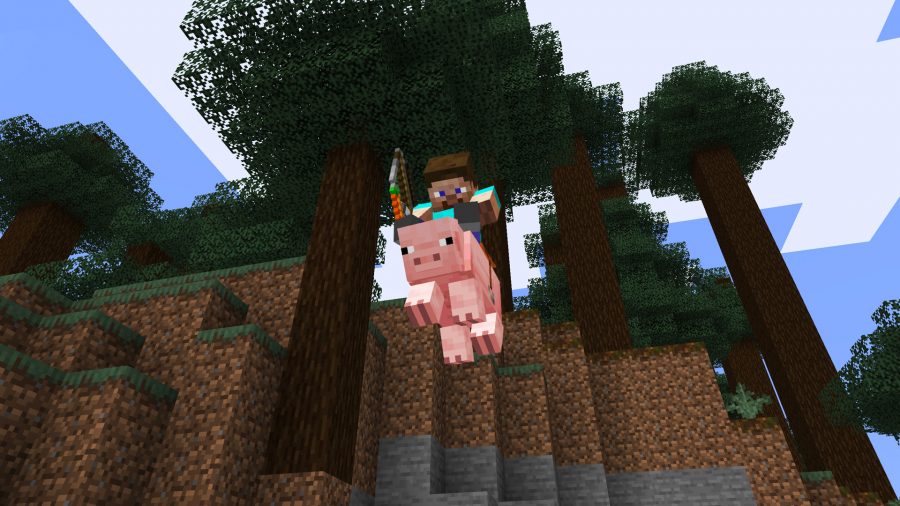 en Minecraft-karakter, der kører en gris gennem luften