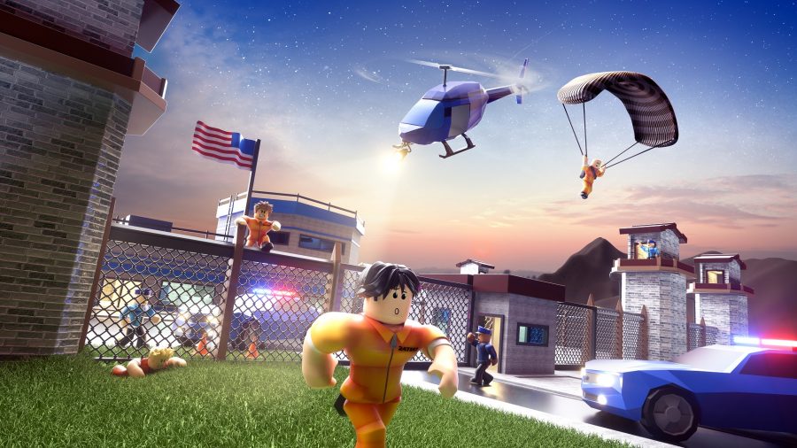 Uma imagem de personagens do Roblox escapando de uma prisão, com helicópteros e carros de polícia os perseguindo.