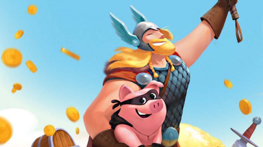 A Viking with a pig under his arm, looking for Coin Master free spins I assume