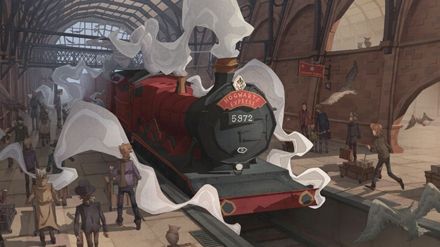 A busy train station in the world of Harry Potter