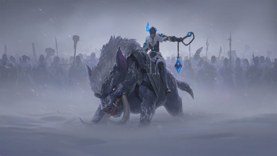 Sejuani rides Razortusk in front of an army arrayed in the snow