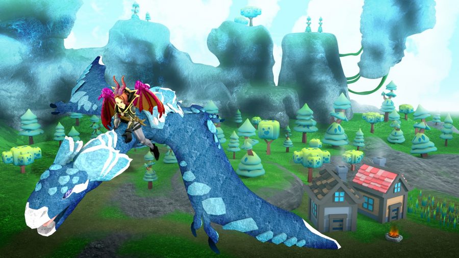 A Roblox player riding a dragon over some trees and houses, themselves adorned with dragon wings.
