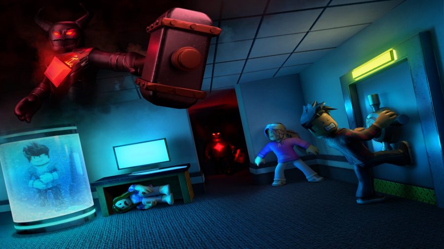 Some Roblox players trying to escape a demonic figure with a hammer, one hiding under a table looking scared, the others trying to get a door open.