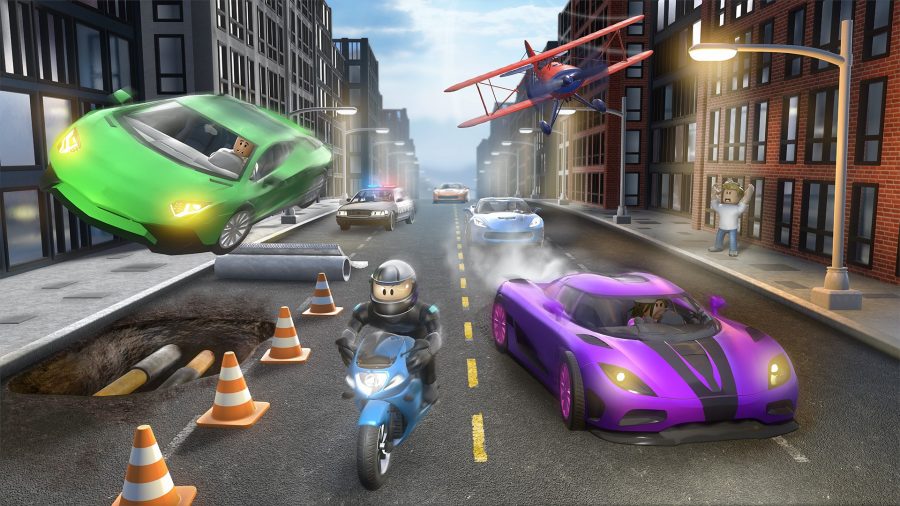 A Roblox player on a motorcycle racing against some cars, a plane, and a police officer.