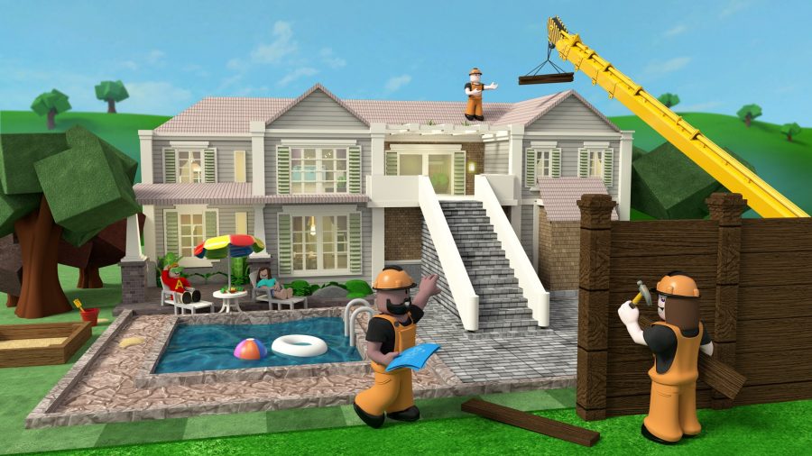 Some Roblox players building a house, with several buildings surveying a large house with big stairs and a pool.