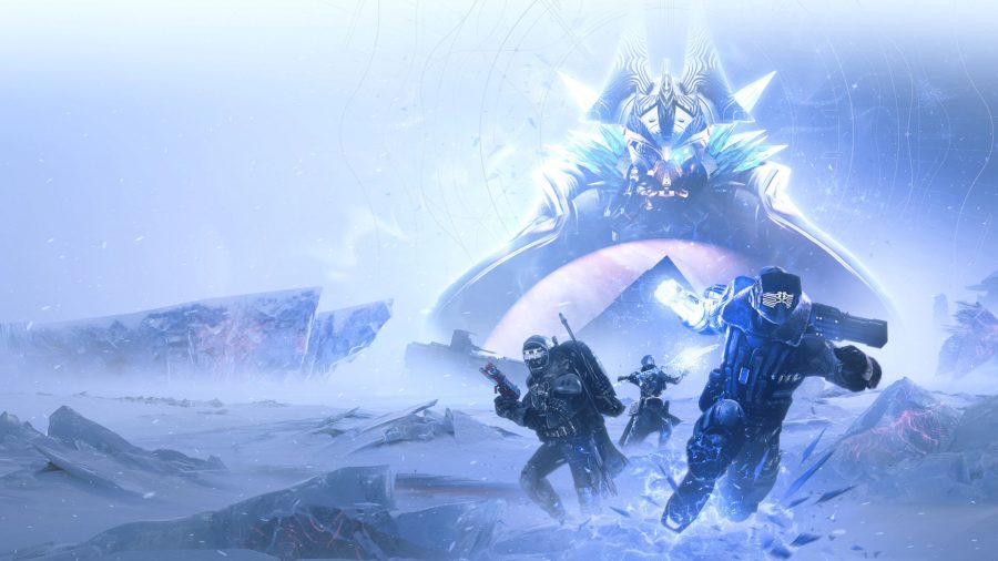 Characters running away from an ominous figure in the snow in Destiny 2
