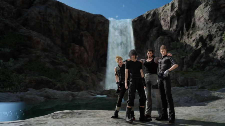 A group picture of the Final Fantasy XV boys in front of a waterfall
