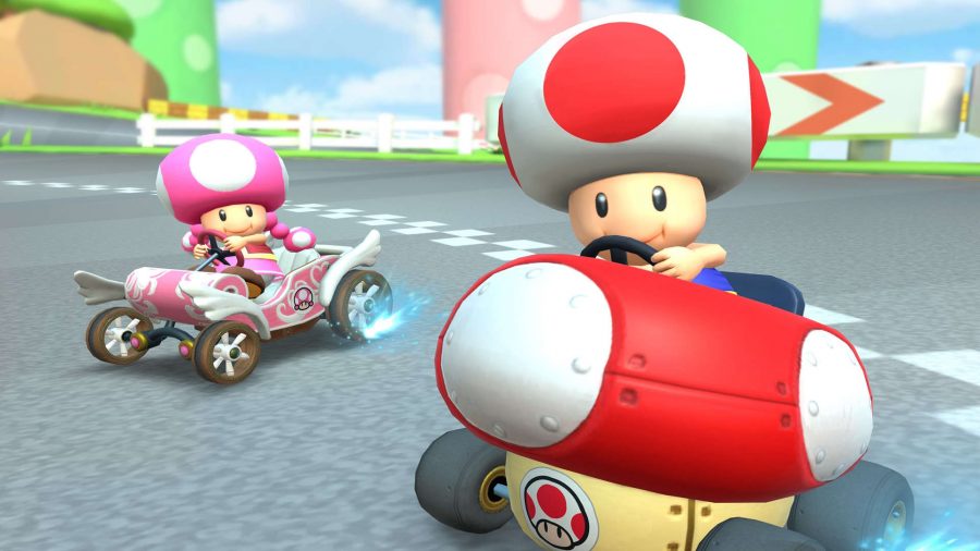 Two Toads race each other in Mario Kart