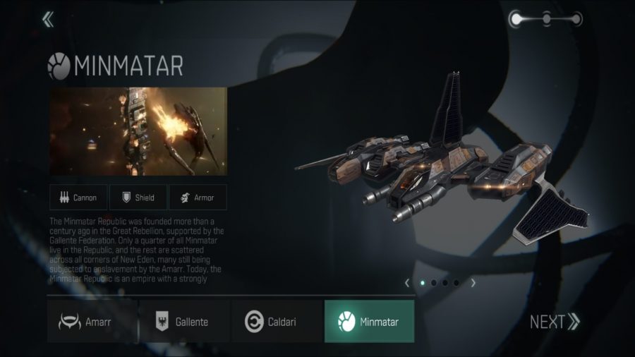 A Minmatar start screen with a frigate and info about the faction