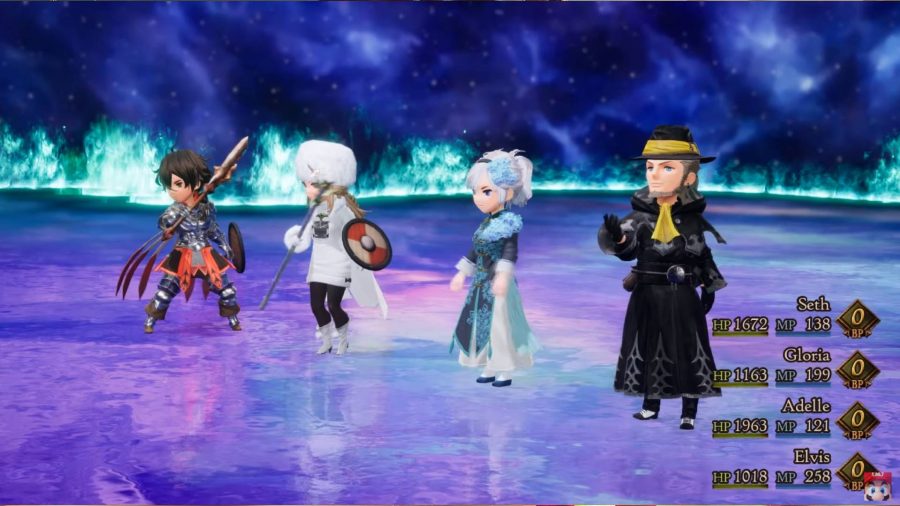 4 characters in a JRPG party stand side by side, wearing the outfits of various jobs