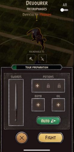 A prep screen for a monster hunt with sword, potion, bomb, and oil slots