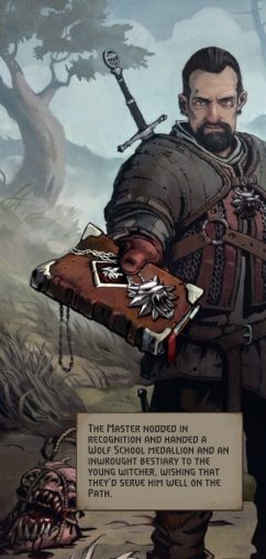A painting of a Wolf School Witcher handing a bestiary to your character