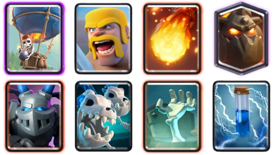 A Clash Royale deck with a skeleton balloon, skeleton dragons, a potion, and a gargoyle wearing armour