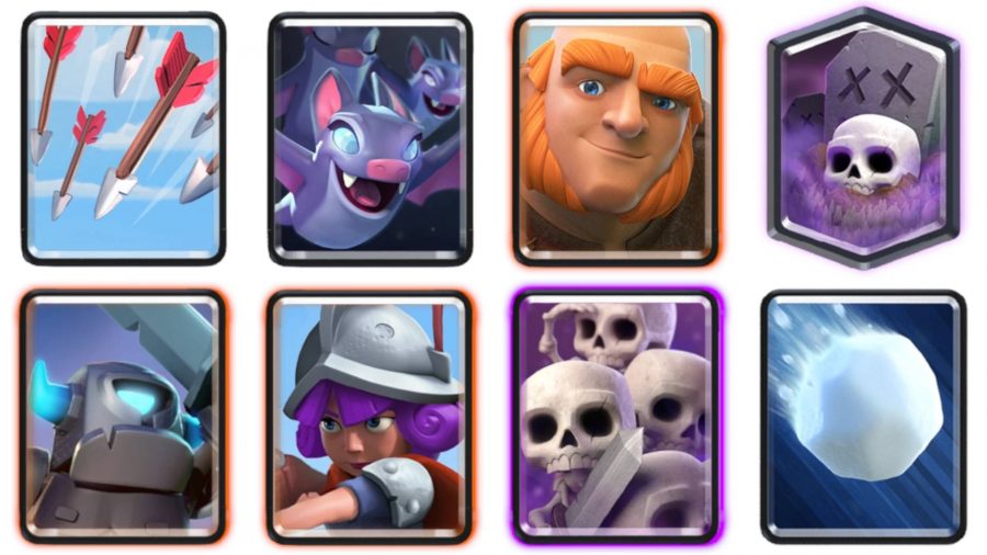 A Clash Royale deck with skeletons, a graveyard, arrows, a giant, and bats