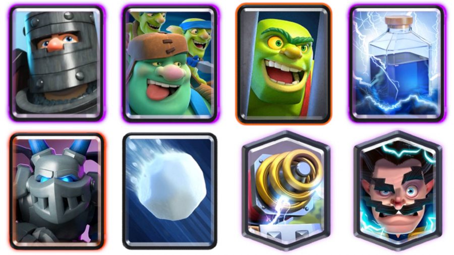 A Clash Royale deck with a wizard, goblins, potions, a snowball, and a knight