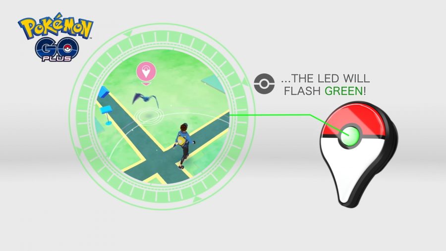 The Pokémon Go Plus device flashing green