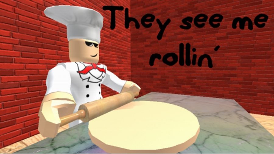 A chef in Roblox with a rolling pin, captioned 