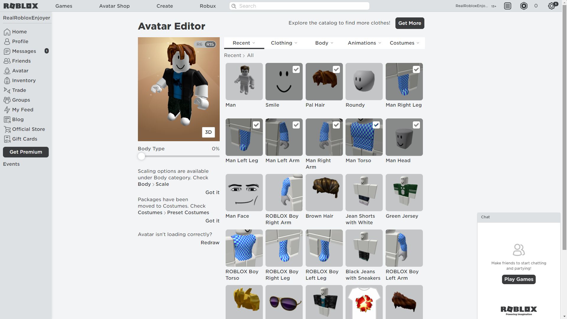 A picture of the customisation screen for Roblox avatars