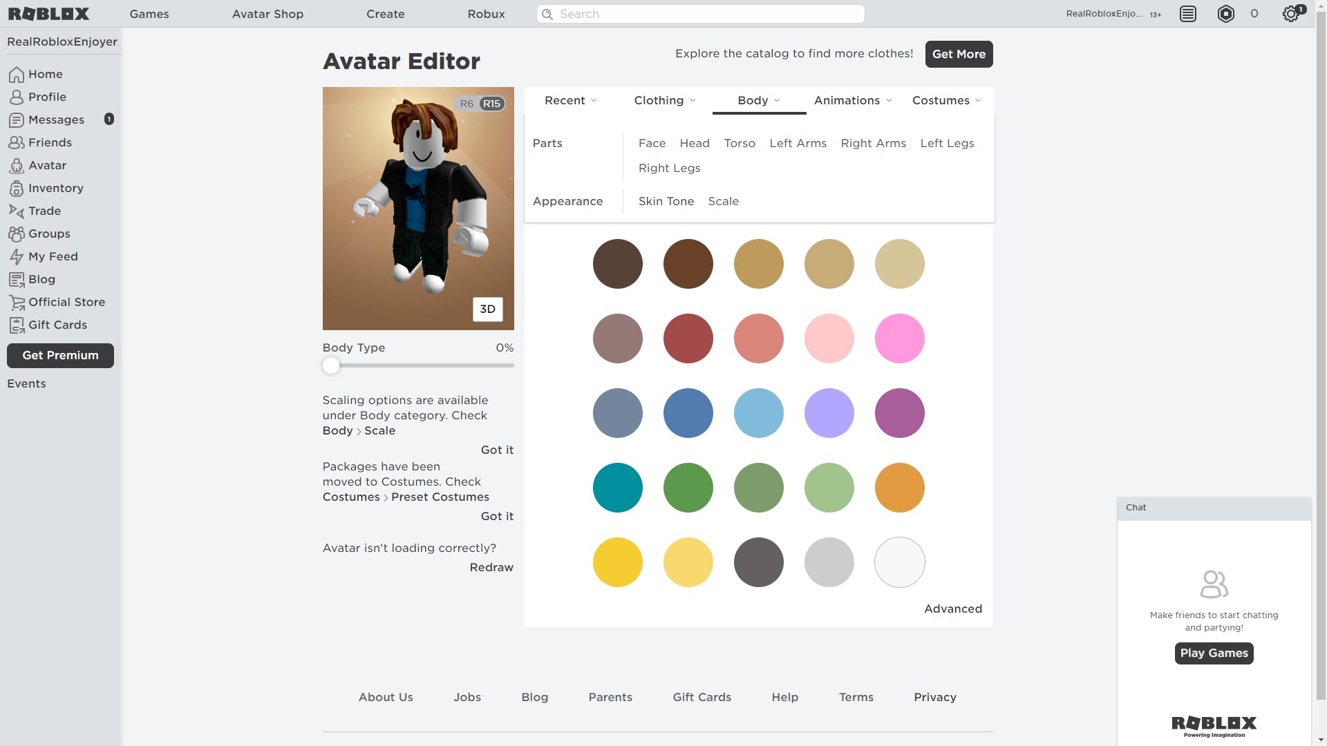 A screenshot of the skin tone customisation screen for Roblox avatars