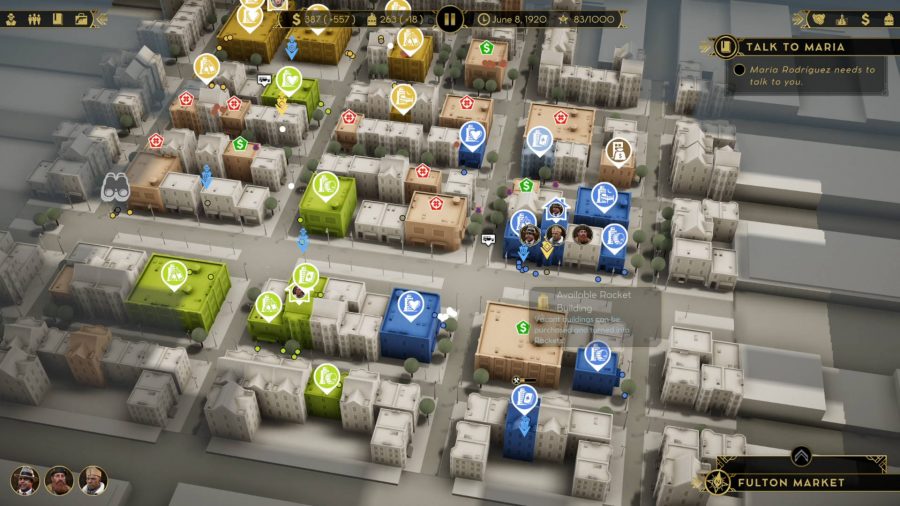 The map mode in Empire of Sin. The player (indicated by the royal blue for "The Outfit" faction has a cluster of buildings under their control. The AI controlled green and yellow factions have but a handful of buildings each on the edge of the neighbourhood.