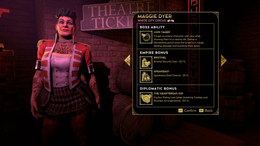 This is Maggie Dyer, leader of the White City Circus gang. She is heavily tattooed, is wearing a skimpy version of a circus ringleader's outfit, and her perks are displayed to her right. Screenshot from the PC version.