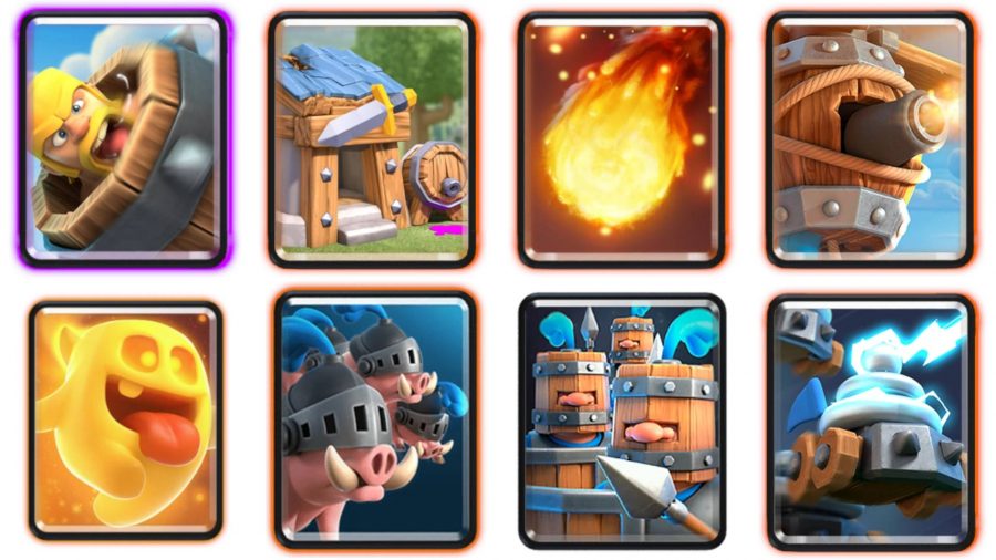A Clash Royale deck with pugs, barrel wearing soldiers, spells, and siege equipment
