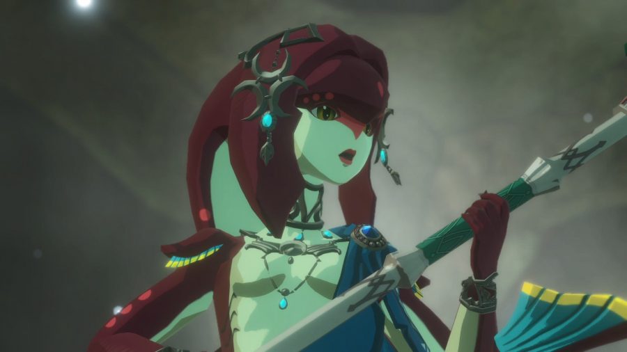 Mipha, the Zora Princess, holding a spear. She is somehow wearing earrings despite the Zora's fish-like appearance