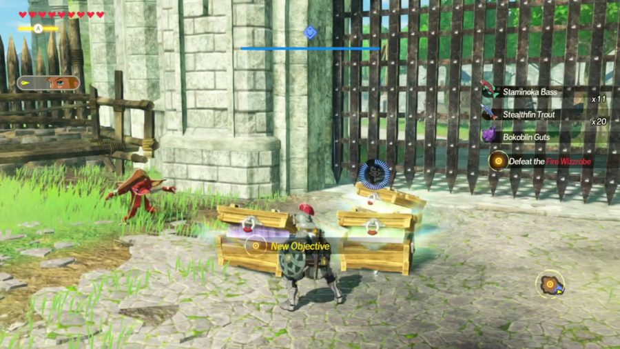Link opening a few chests. Staminoka Bass and Stealthfin Trout are found inside. A Bokoblin looks ready to attack.