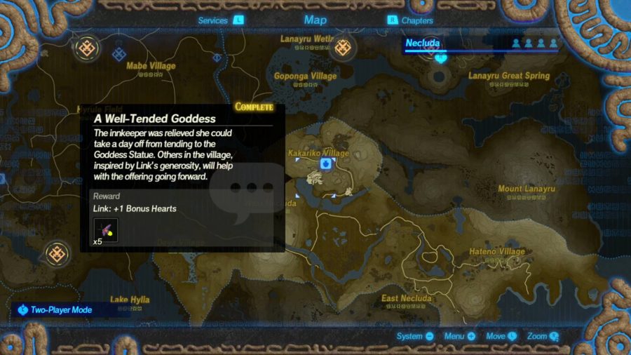 Map showing a completed quest. The reward of a bonus heart for Link and some fireflies has already been awarded.