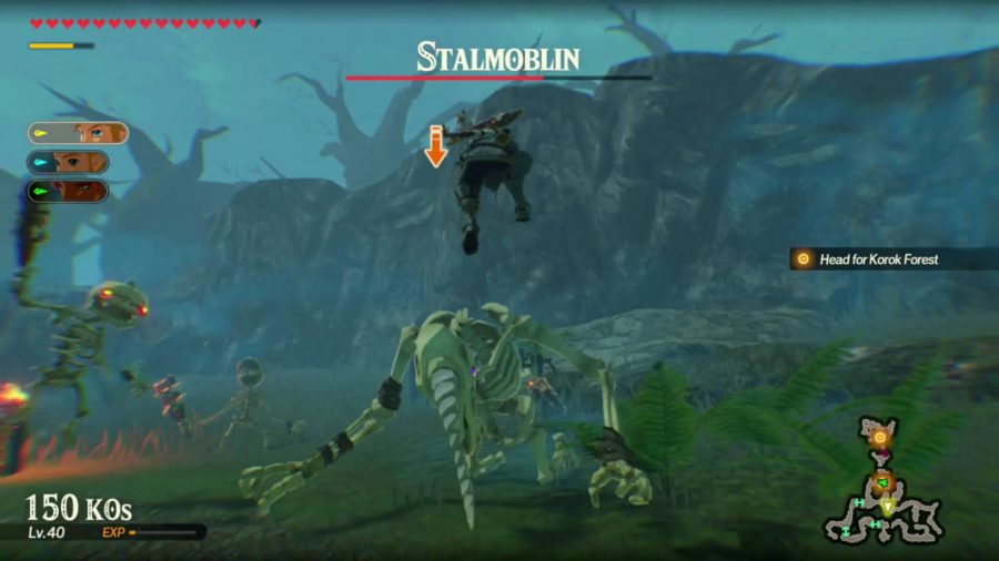 Link is about to drive his sword into a Stalmoblin, which is a skeleton Moblin., in a haunted black forest.