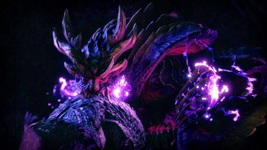 Magnamalo is a ferocious beast. It has a purple aura, a beast-like appearance, and is holding a Tobi-Kadachi (a cross between a lizard and a flying squirrel) in its jaws.