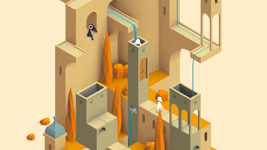 Capture d'écran d'un level à Monument Valley, montrant la princesse naviguant dans un puzzle sous le regard d'un corbeau