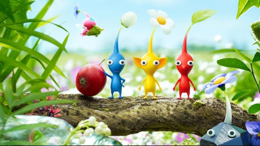 A group of four Pikmin standing on a log