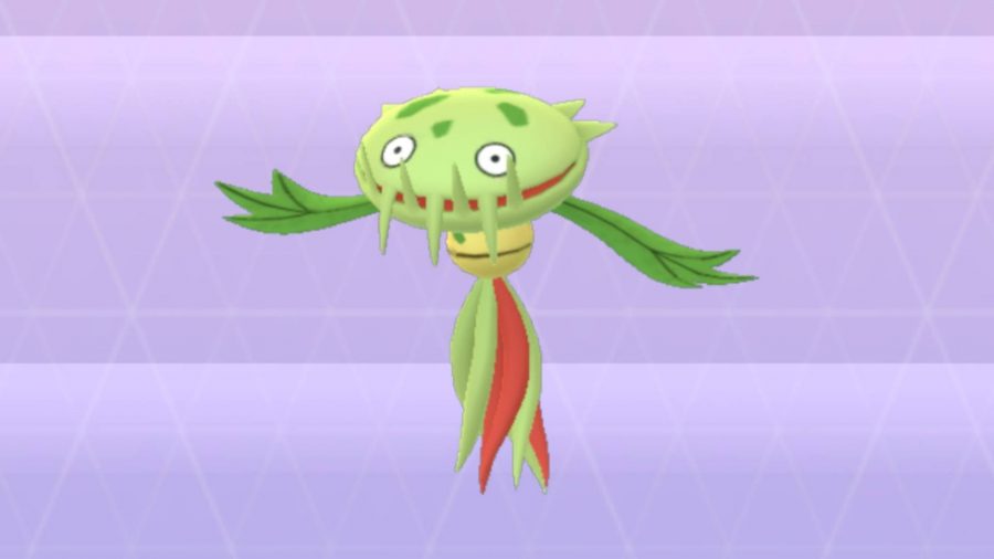 Carnivine as shown in Pokémon Go's Pokédex. It's a floating bright-green venus fly-trap.