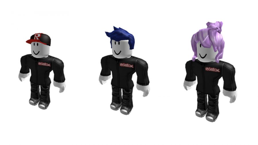 Less blocky Roblox guest avatars, three of them in a line, all wearing black, with the Roblox logo in the top right of their torso. The one on the left is wearing a black cap with an R on it. The middle on has blue spiked hair. The one on the right has long purple hair tied up.