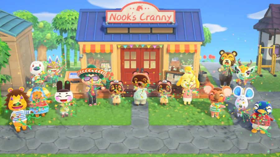The player has just upgraded Nook's Cranny on their island in Animal Crossing: New Horizons. Every animal on the island is bursting party poppers to celebrate.