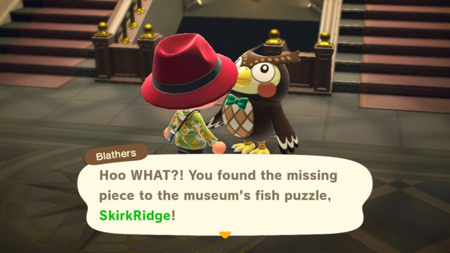 The owl named Blathers is reporting to the player that they have completed the fishing exhibition. He is very surprised by this development.