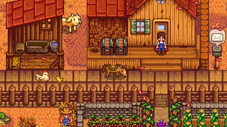 A farmer standing on his porch with a dog, a chicken, and a horse