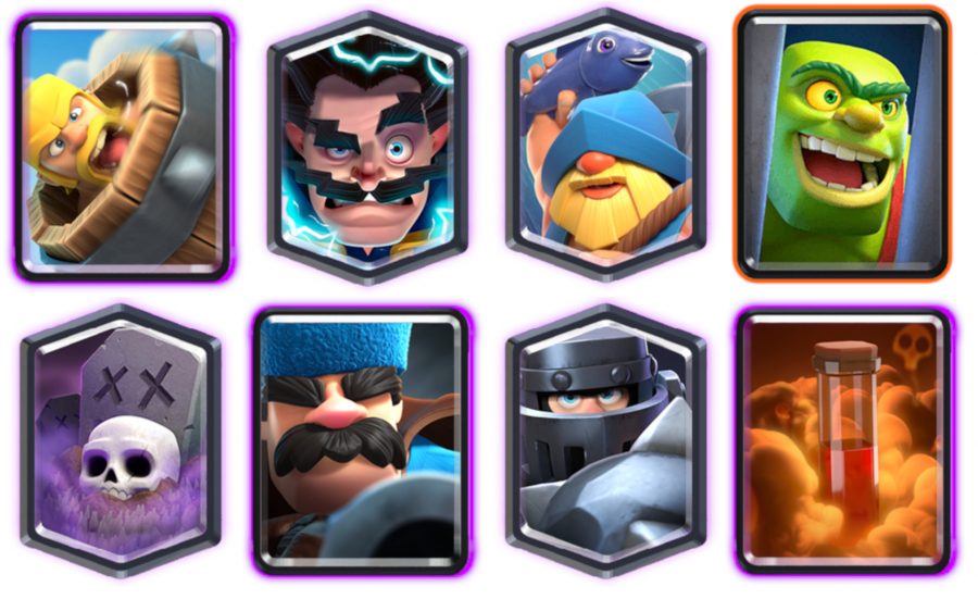 a Clash Royale deck with fisherman, goblins, a knight, a wizard, and a graveyard