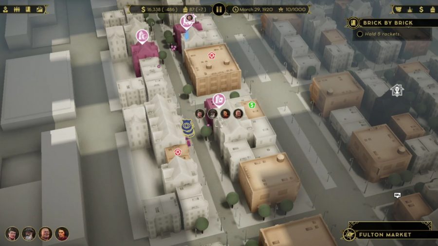 The map view of Empire of Sin. The pink houses are those owned by Maggie Dyer. All others are either abandoned, for sale, or of unknown ownership.