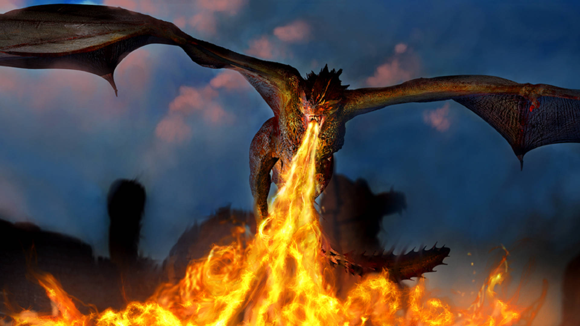A dragon breathing fire towards the camera