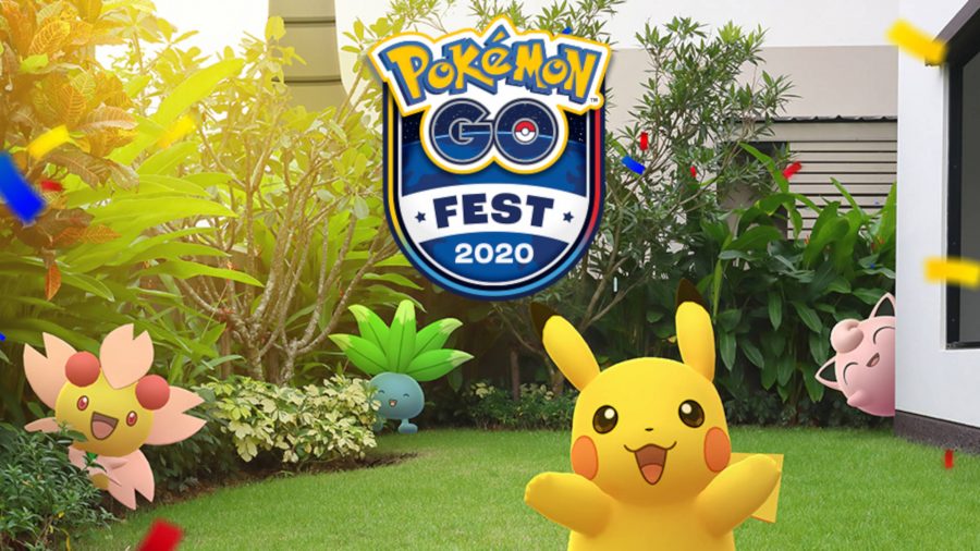The announcement image for Pokémon Go Fest 2020. It includes Pikachu, Jigglypuff, Oddish, and Cherrim playing in a back garden.